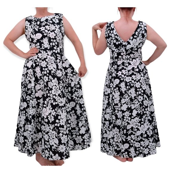 Vintage Dresses & Skirts - VTG 90s Victoria Holley Black White V-Back Sleeveless Fit & Flare Maxi Dress L